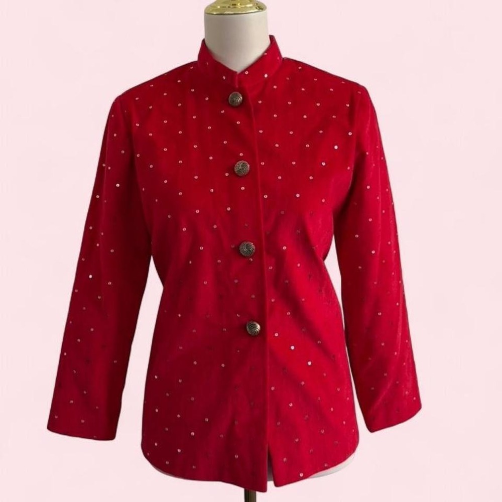 Vintage Red Silver Sequin Button Front Jacket‎ Gold Buttons Size M